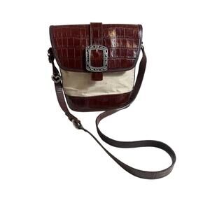 Brighton purse vintage brown leather &  beige canvas crossbody bag silver buckle